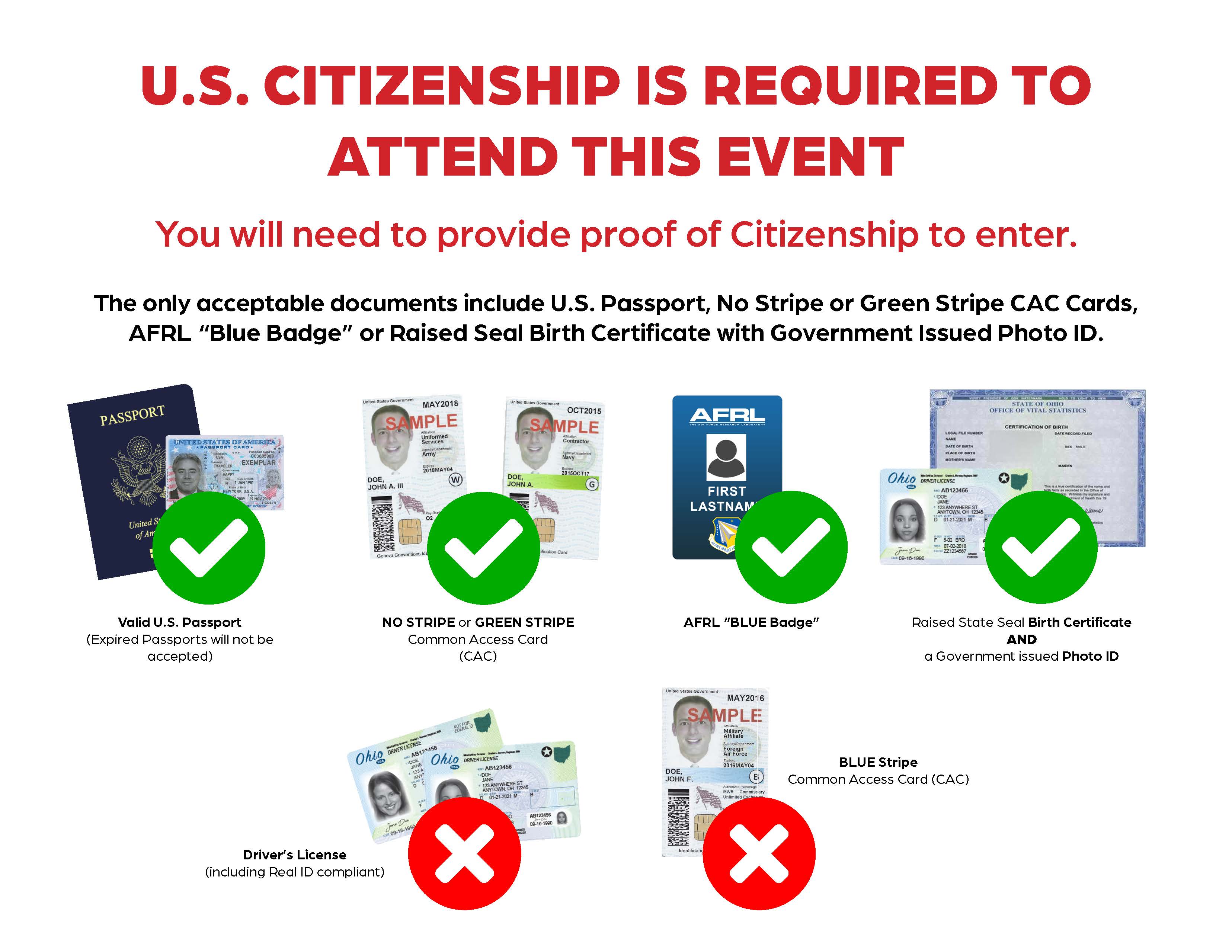 Blue and Green bar CAC cards are NOT accepted. Only white (no bar) CAC cards will be permitted.
